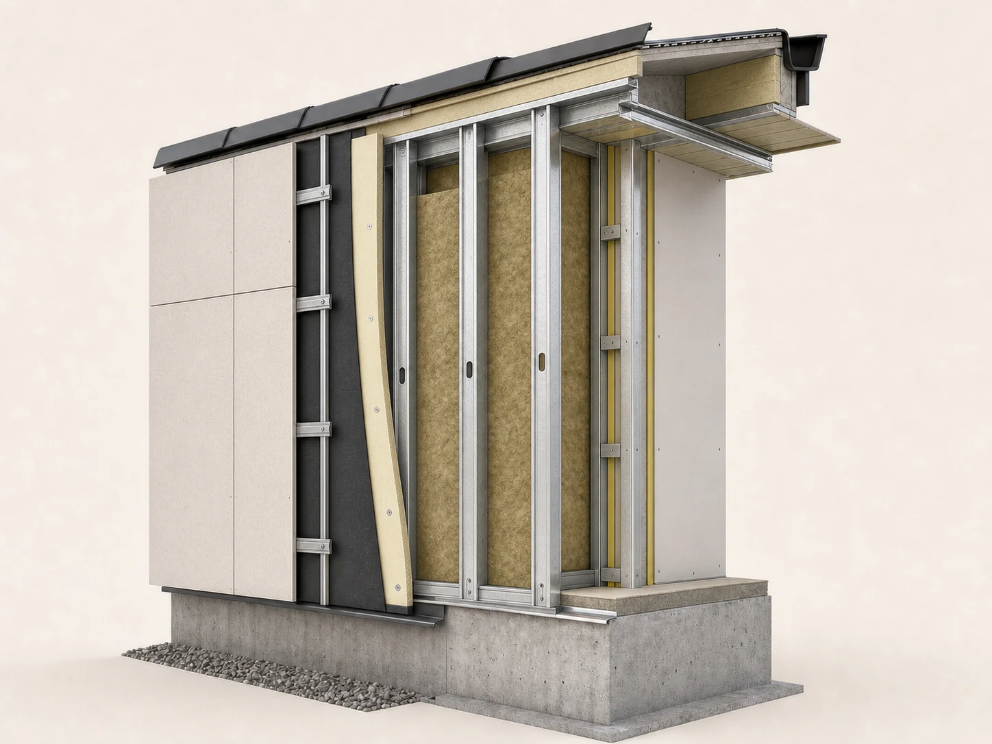 Illustrative cutaway of a complete insulated light-gauge-steel-frame wall