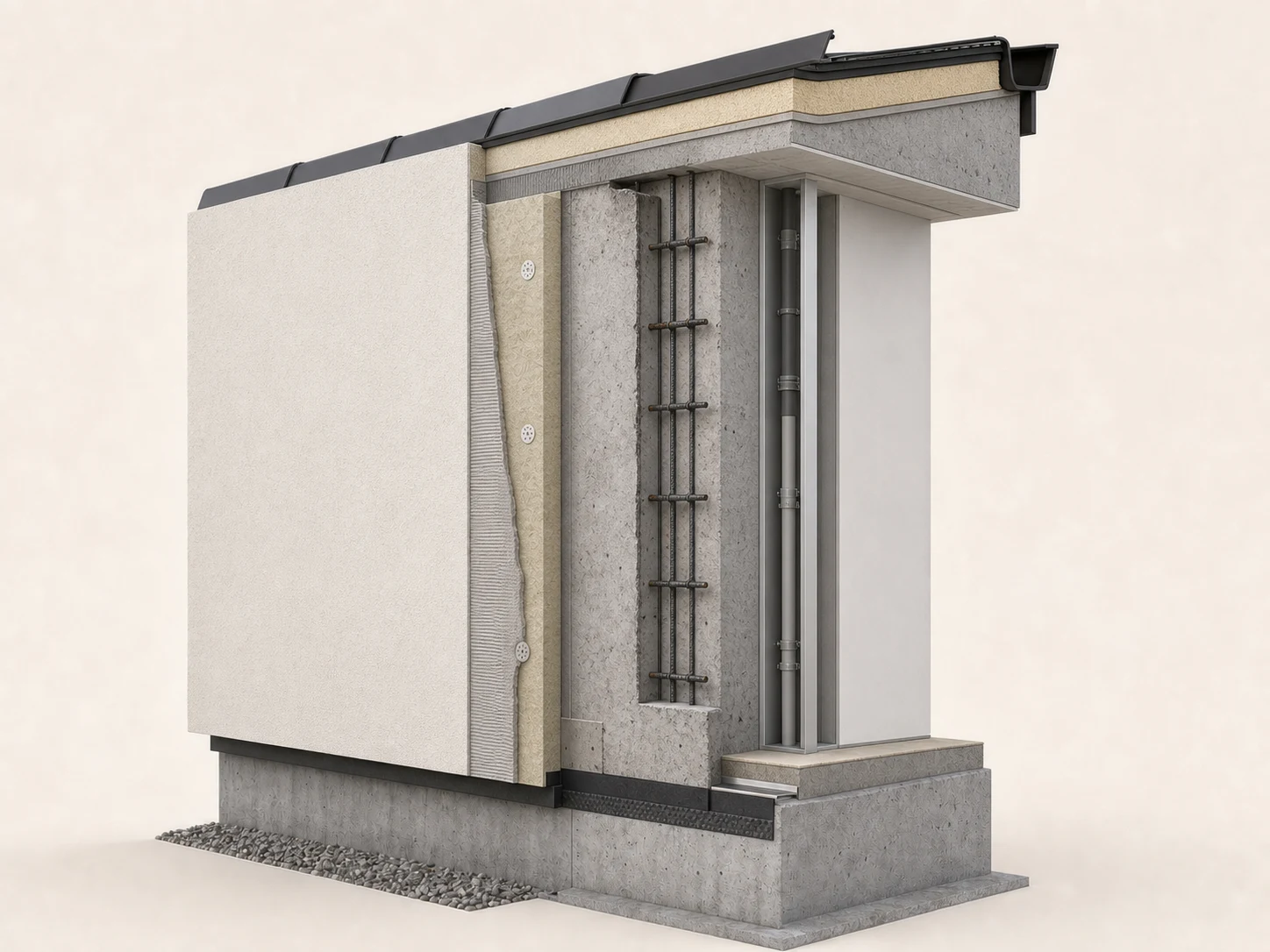 Illustrative cutaway of an externally insulated reinforced-concrete wall