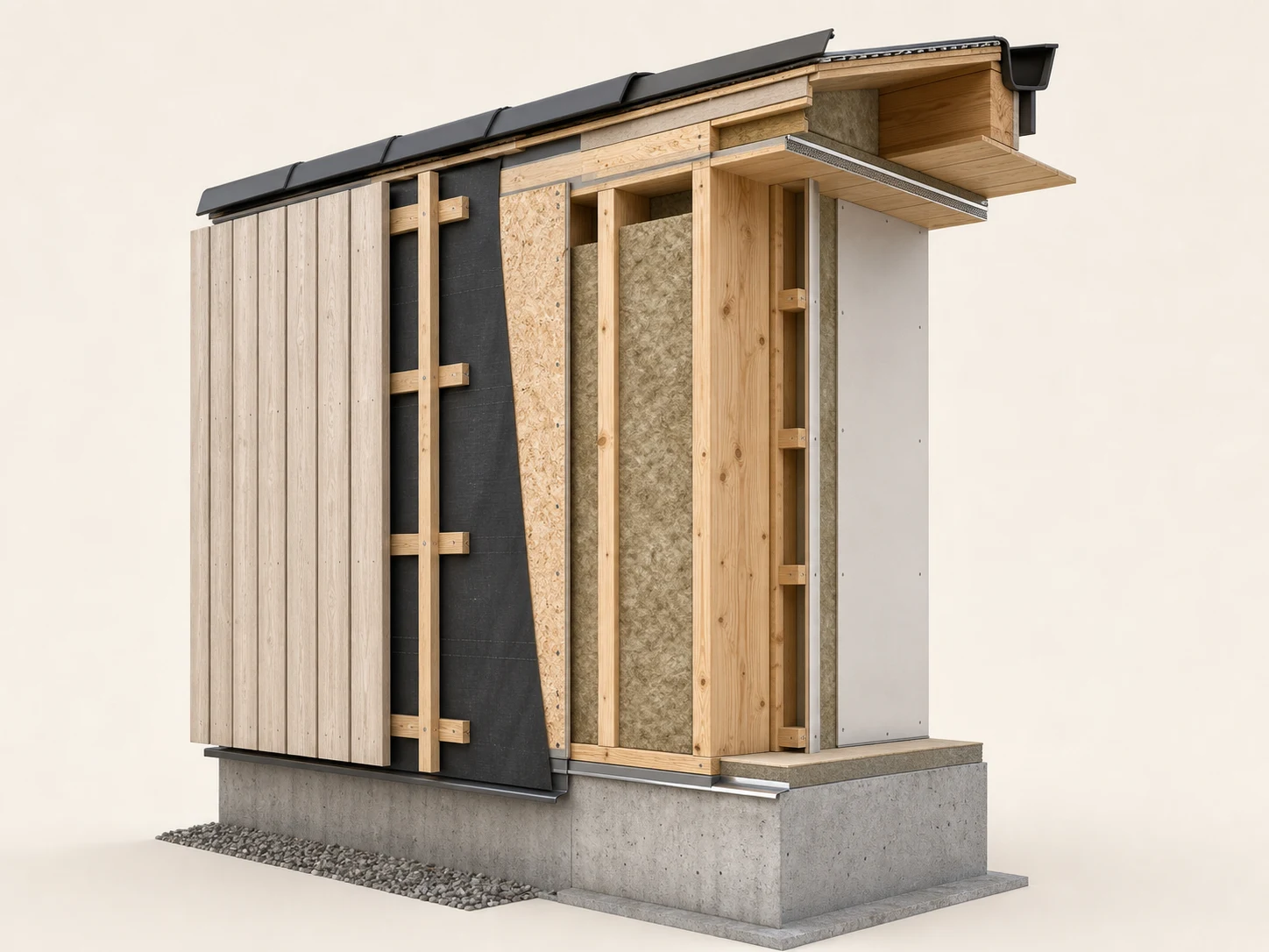 Illustrative cutaway of a complete insulated light-timber-frame wall