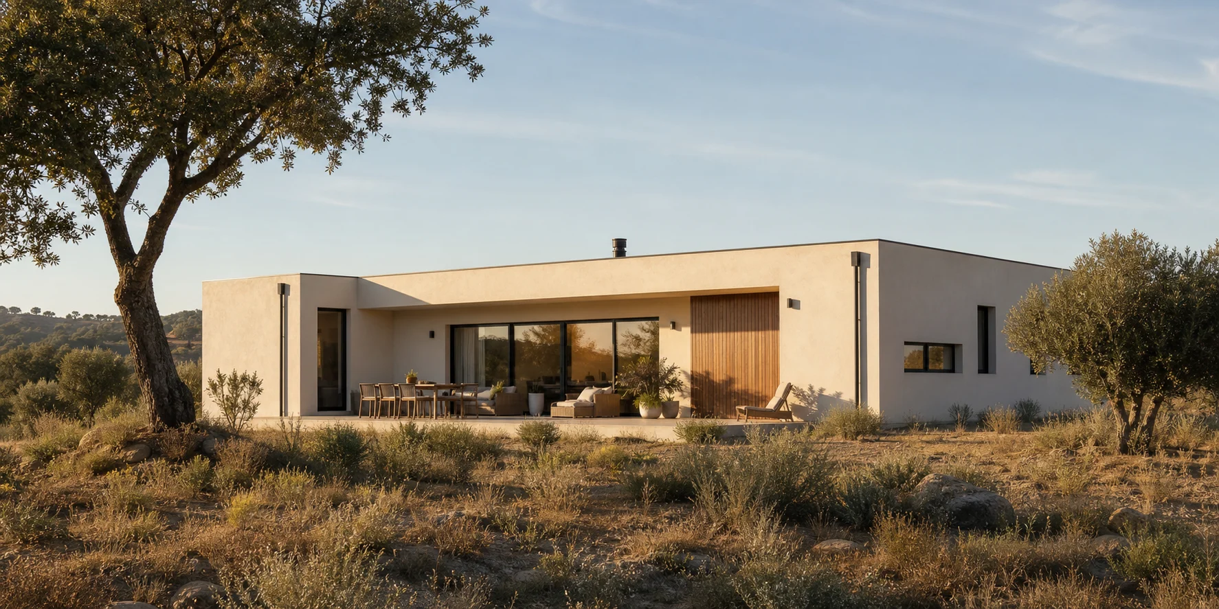 A modern, single-storey home among olive trees in the Portuguese countryside