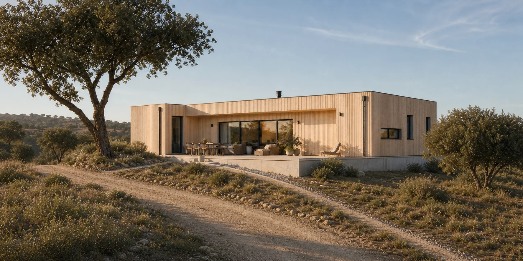 The same modern home on a slope with raised foundations, drainage and a longer access track