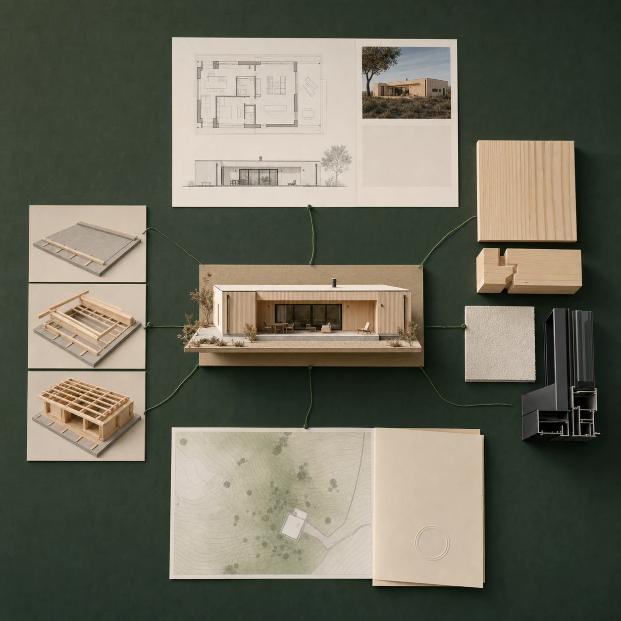 An architectural project table connecting the same home model with drawings, materials, site information and assembly stages.