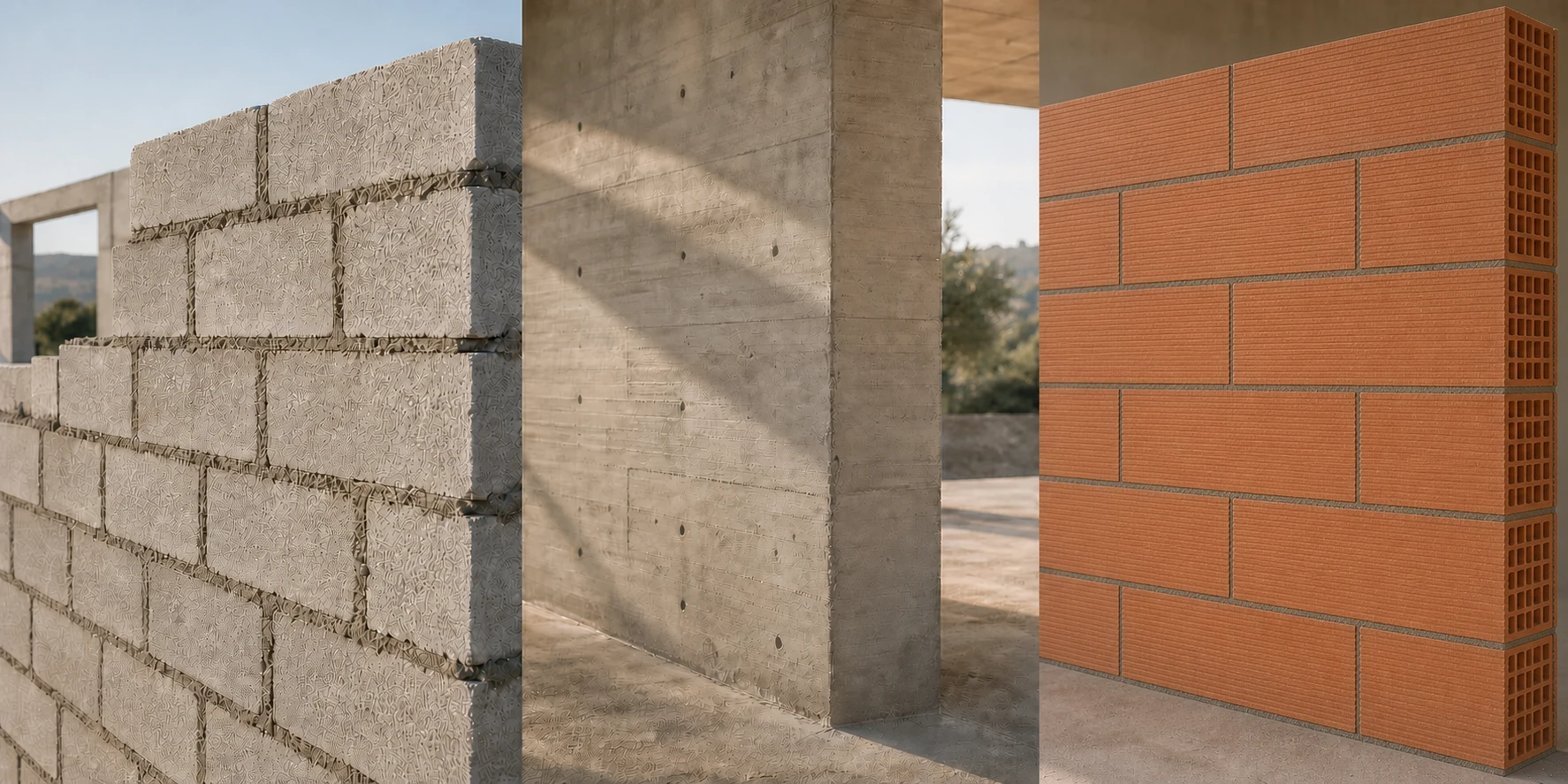 Close views of masonry blockwork, board-formed concrete and a substantial wall of thick terracotta hollow-clay blocks on a Portuguese building site.