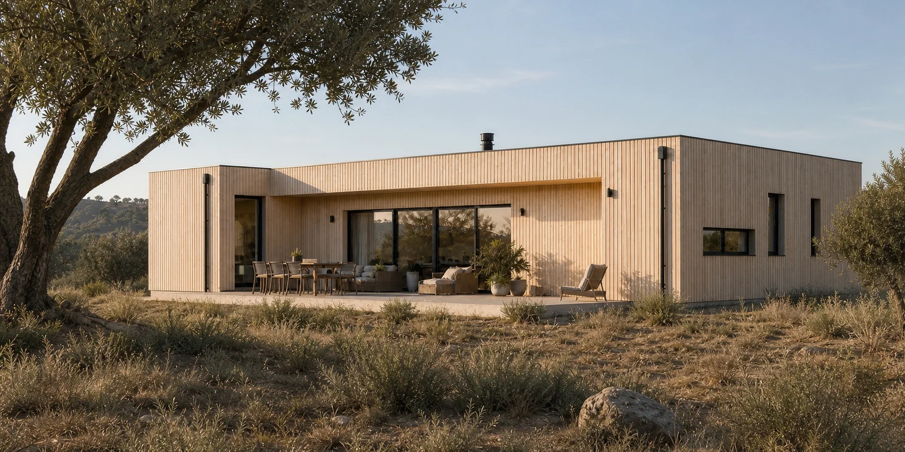 The same low, pale-timber home in a dry Portuguese olive landscape, seen from a quieter second angle.