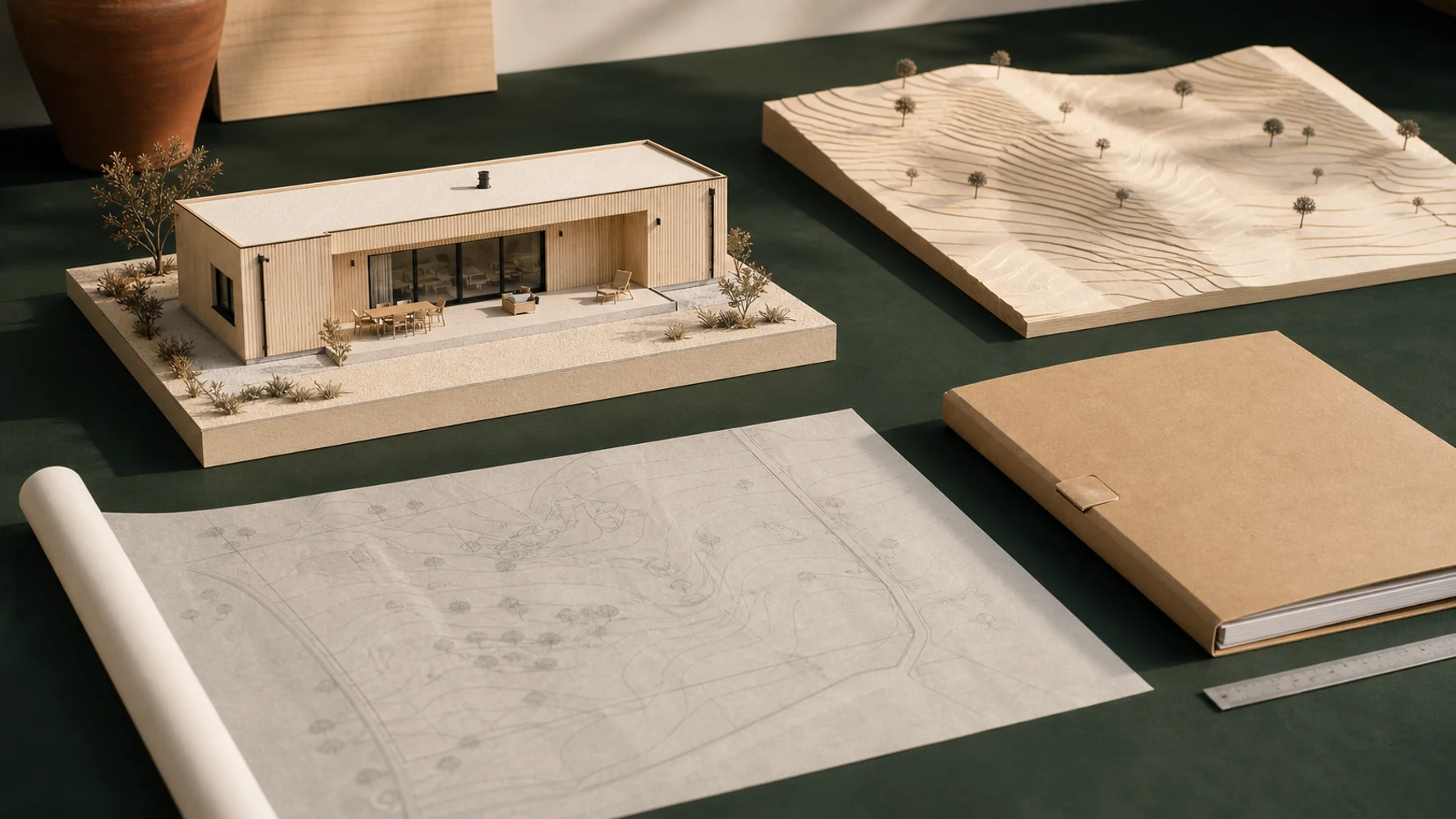A precise model of the known Casa Alba home beside an open topographic land model, a survey drawing and an unresolved project dossier.