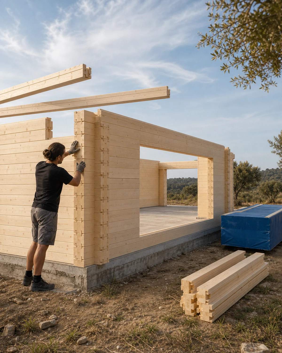 The Casa Alba home being assembled on site from individual precision-profiled timber components.