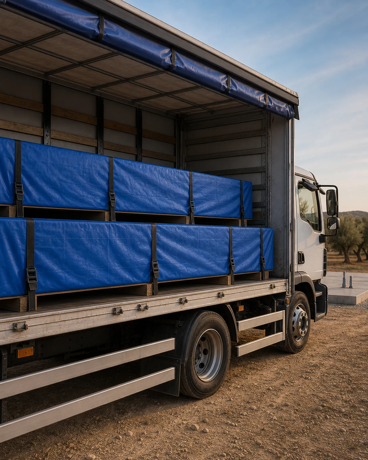 Fully sealed blue timber-kit packages secured horizontally inside a rigid delivery truck beside the prepared Casa Alba foundation.