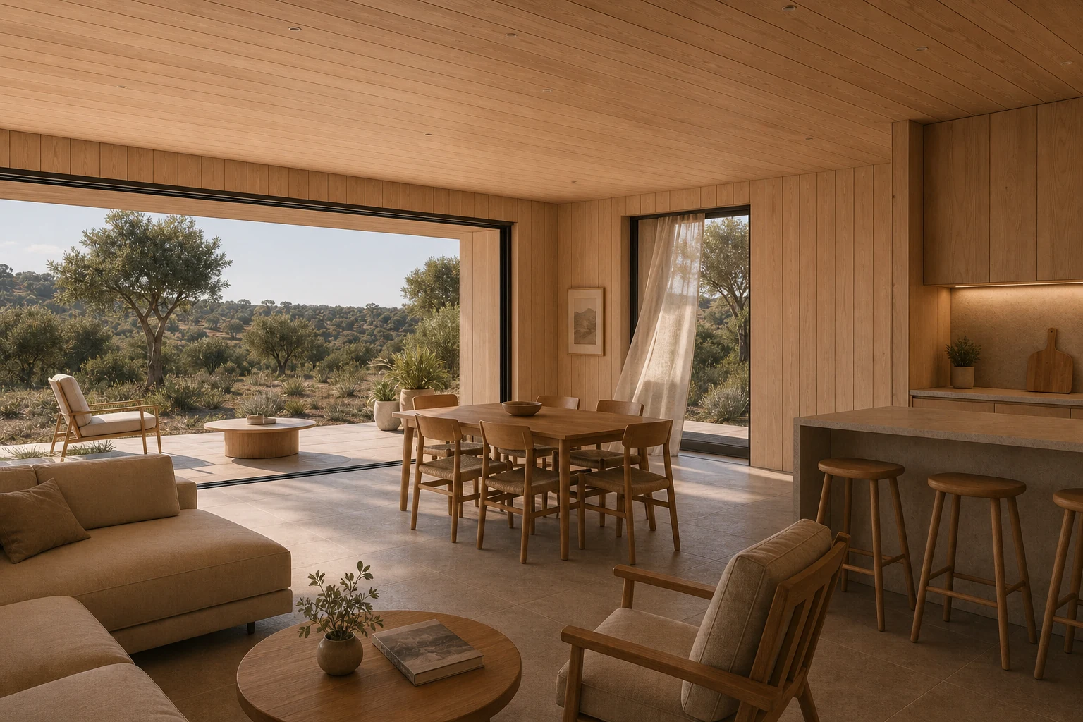 The calm Casa Alba living space with visible timber walls, shaded glazing, a slightly open side window and the Portuguese olive landscape beyond.