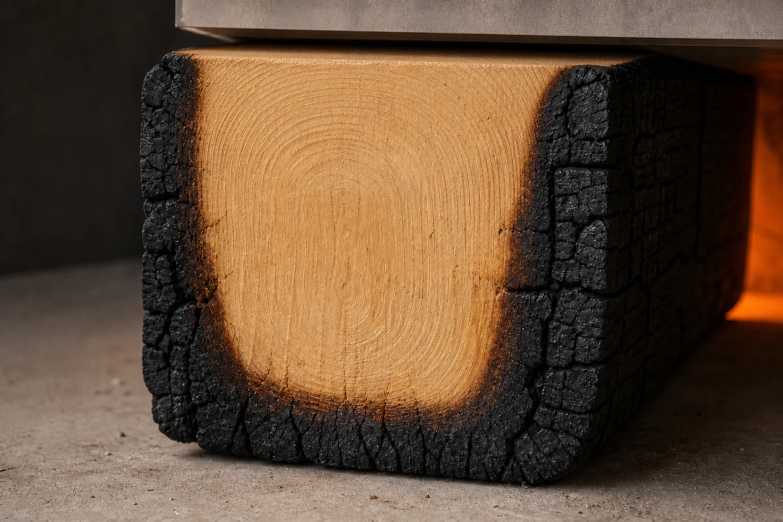 Cross-section of fire-exposed solid timber showing an outer char layer and the remaining timber behind it; the image illustrates a mechanism, not a fire rating.