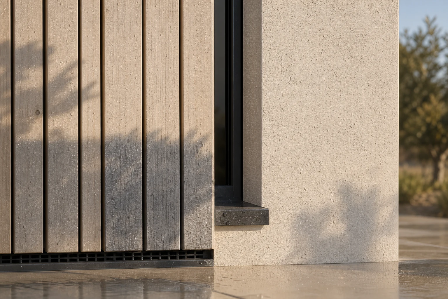 A close architectural detail places pale exposed timber cladding beside a protected warm lime and mineral rendered façade after light rain.