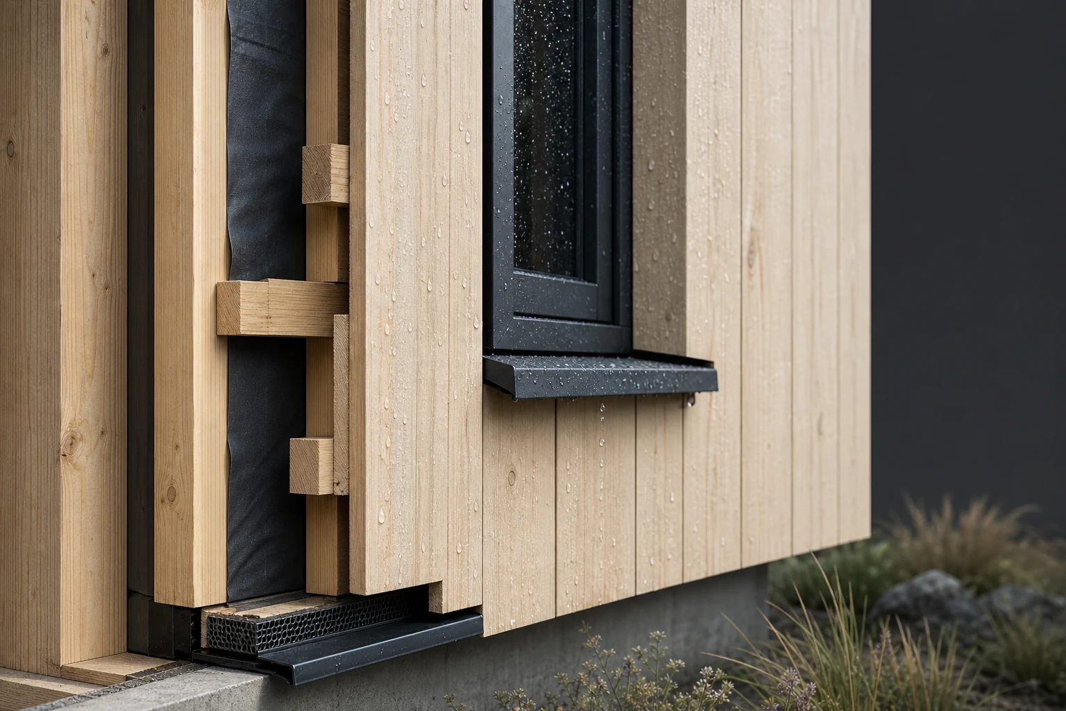 A post-rain timber façade detail showing the outer boards, drained ventilation cavity, weather layer and a window sill that directs water clear.