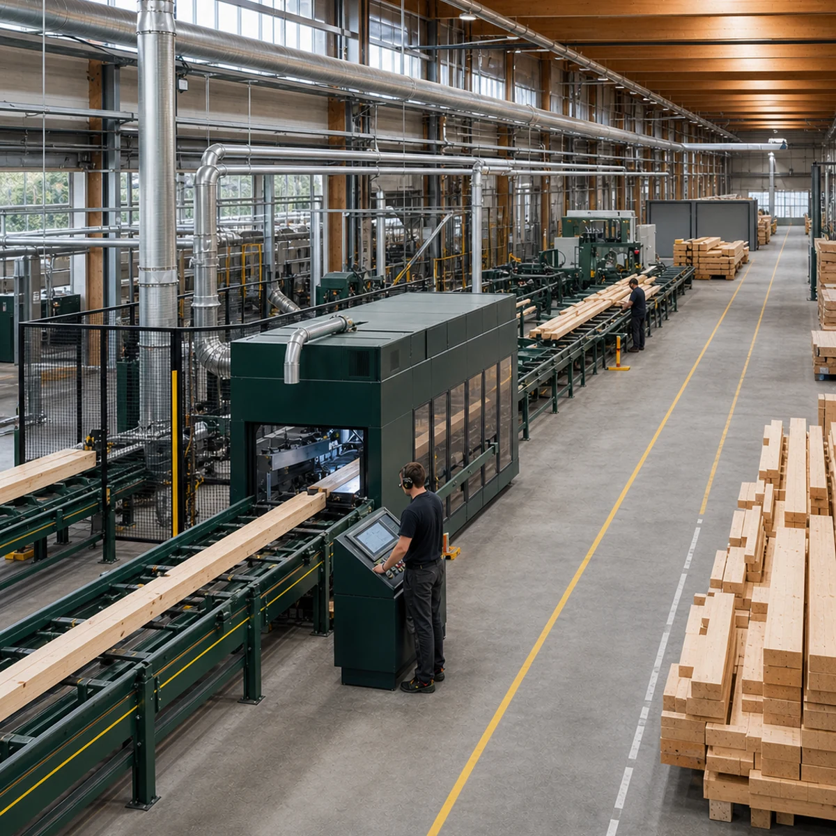 Individual timber-house components moving through a large computer-controlled profiling line.