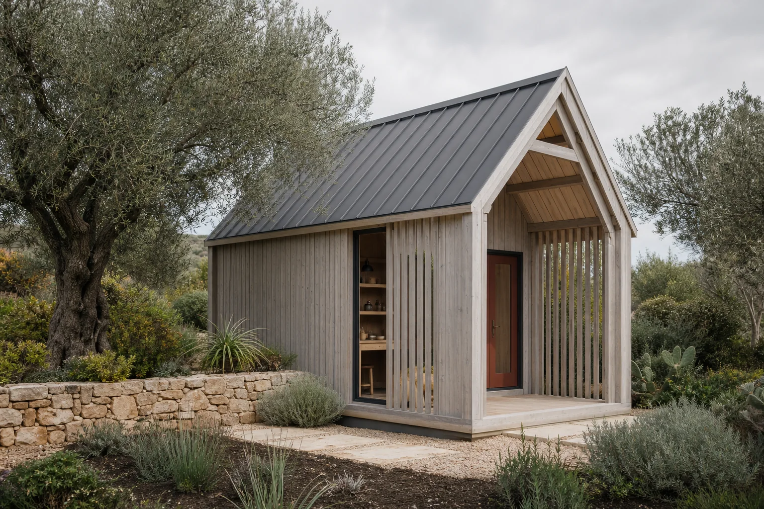 The Scandi timber pavilion creating a flexible extra room in a terraced Portuguese garden.