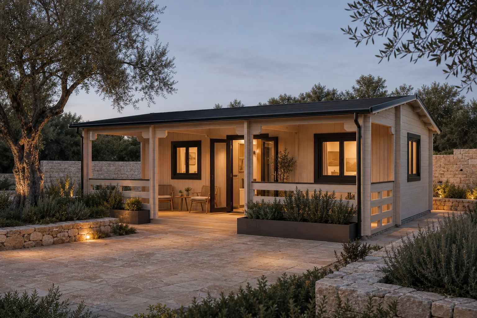 The Alma timber guest home with a calm veranda and warm interior in a Portuguese courtyard.