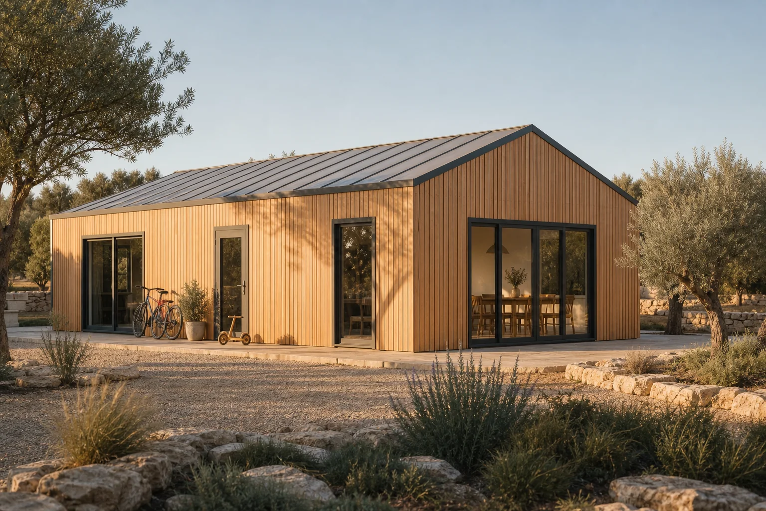 The Kaia timber home reimagined for everyday family life in a Portuguese olive garden.
