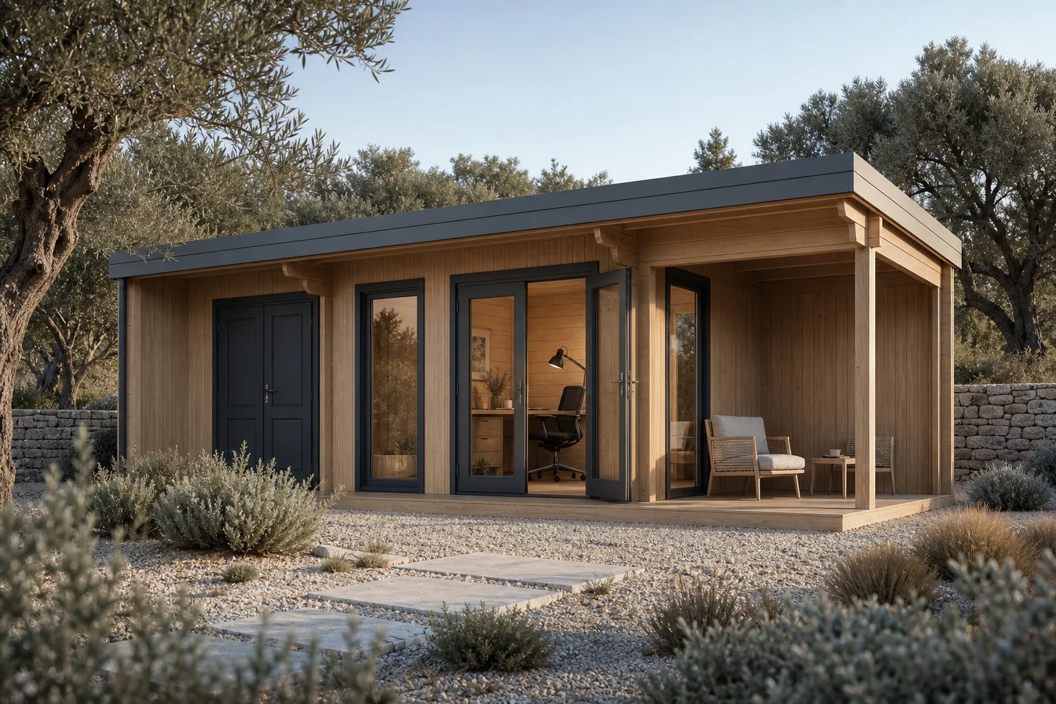 The Bergen timber garden studio set up as a quiet workspace among Portuguese olive trees.