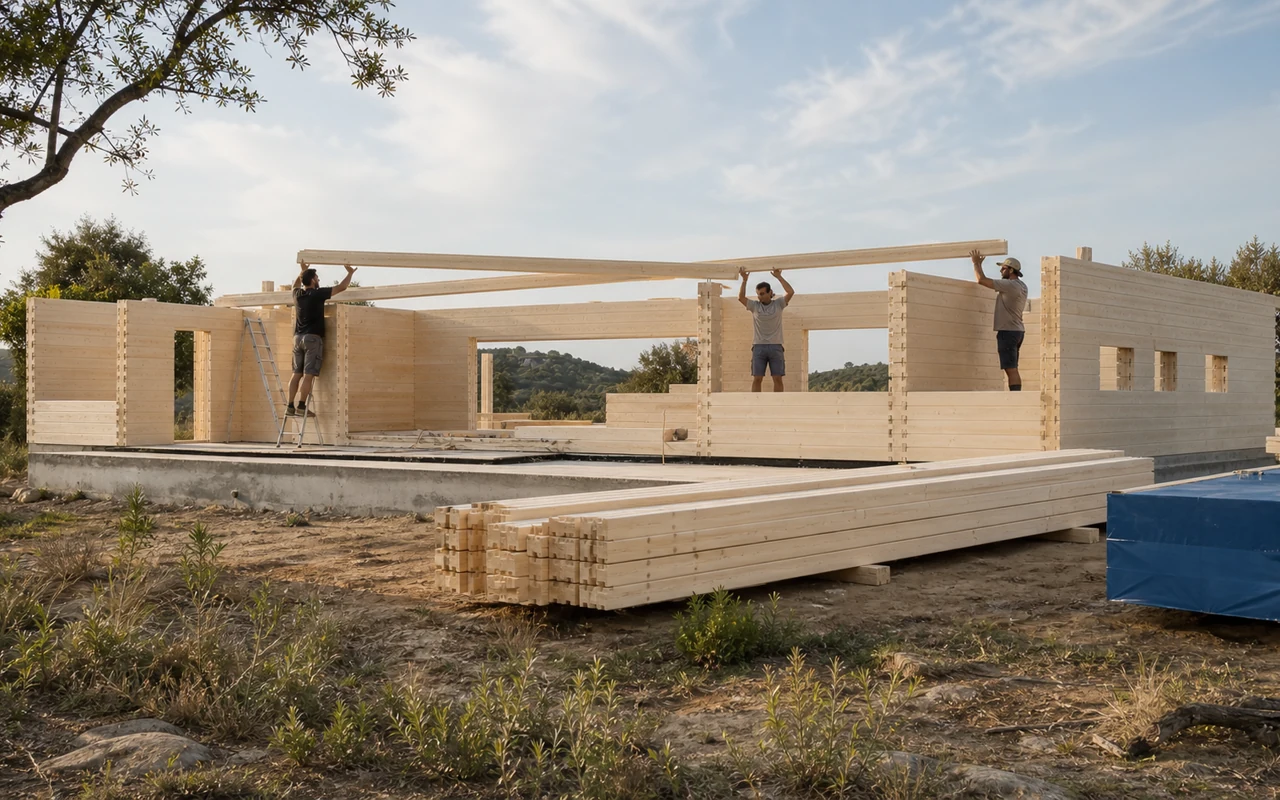 A Casa Alba wall being assembled from individual interlocking profiled timber components on its prepared foundation.